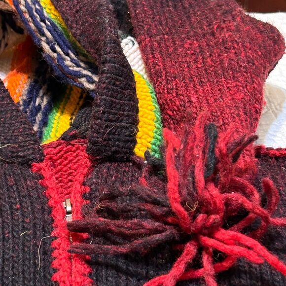 Vintage Hand Knit Sweater Jacket Womens M/L Multicolor Hooded Zip Up Ikat Nordic - Picture 7 of 12